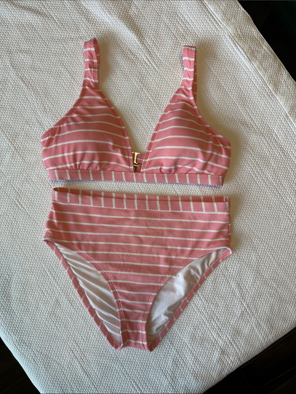 Splendid Pink White Striped Textured Bikini Set High Waist Size L